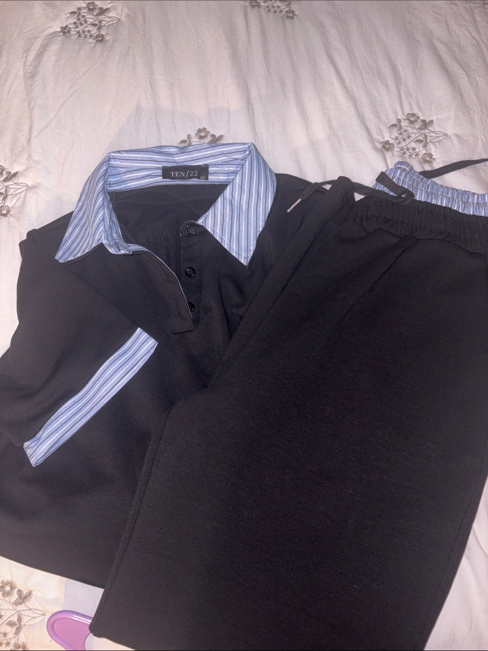 TEN/22 Black Two-Piece Pantsuit with Blue Stripe Trim